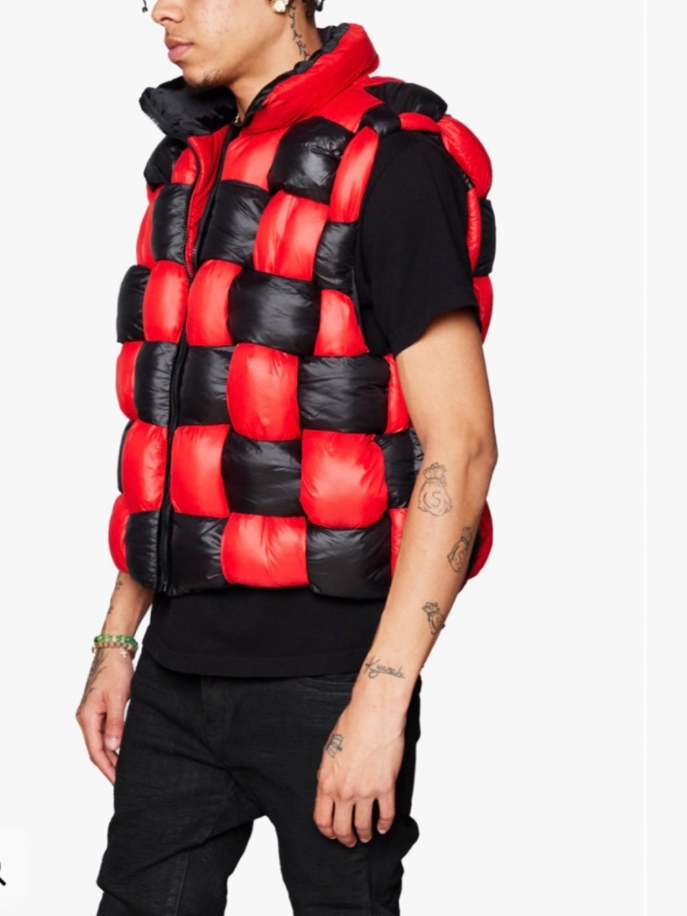 "Mozzie" Black Red Puffer Vest - Men's Quilted Hooded Vest